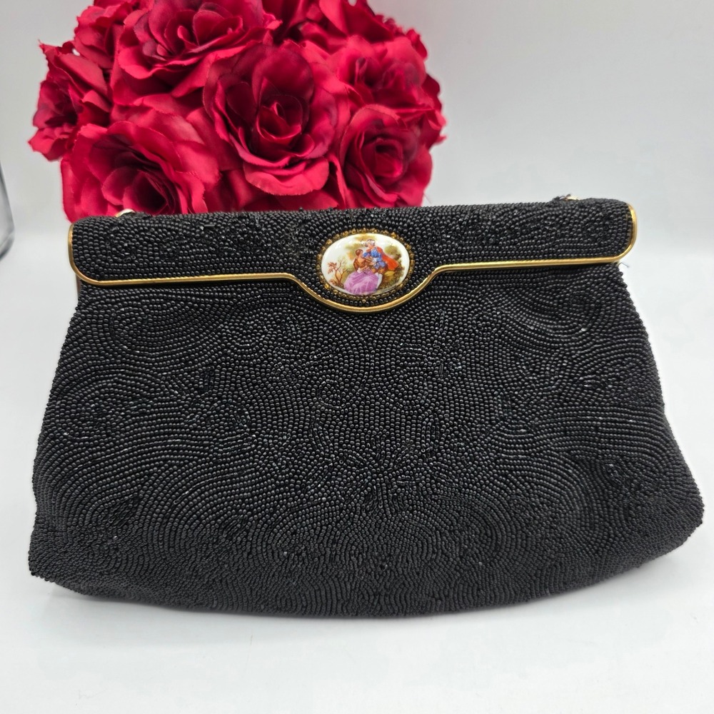 Vintage Black Micro‎ Beaded Evening Bag Porcelain Romantic Cameo Clutch 1950s
